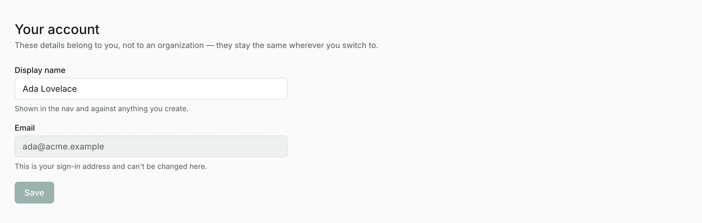 The Your account page: a Display name field, the sign-in email address, which can't be changed here, and a Save button.