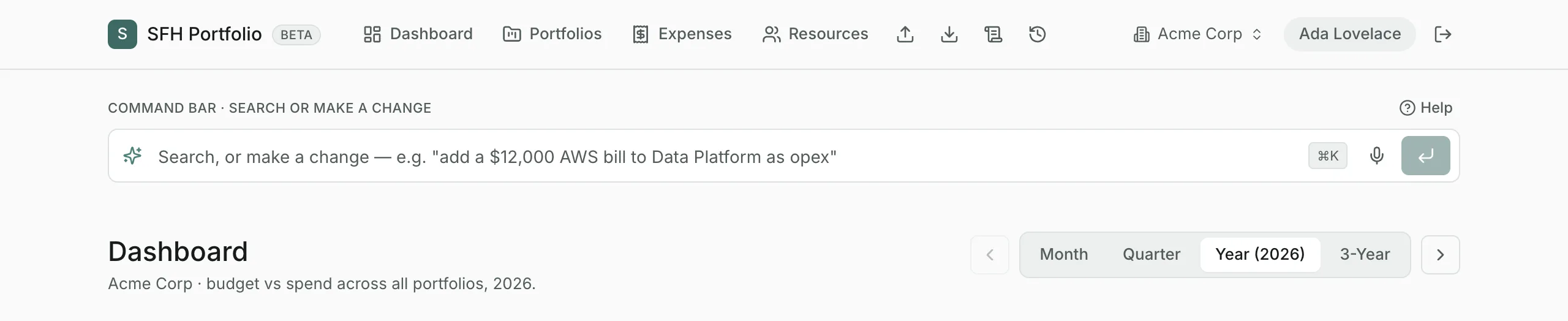The top of an SFH Portfolio page: the main navigation, the command bar with a Help link, and the Dashboard heading.