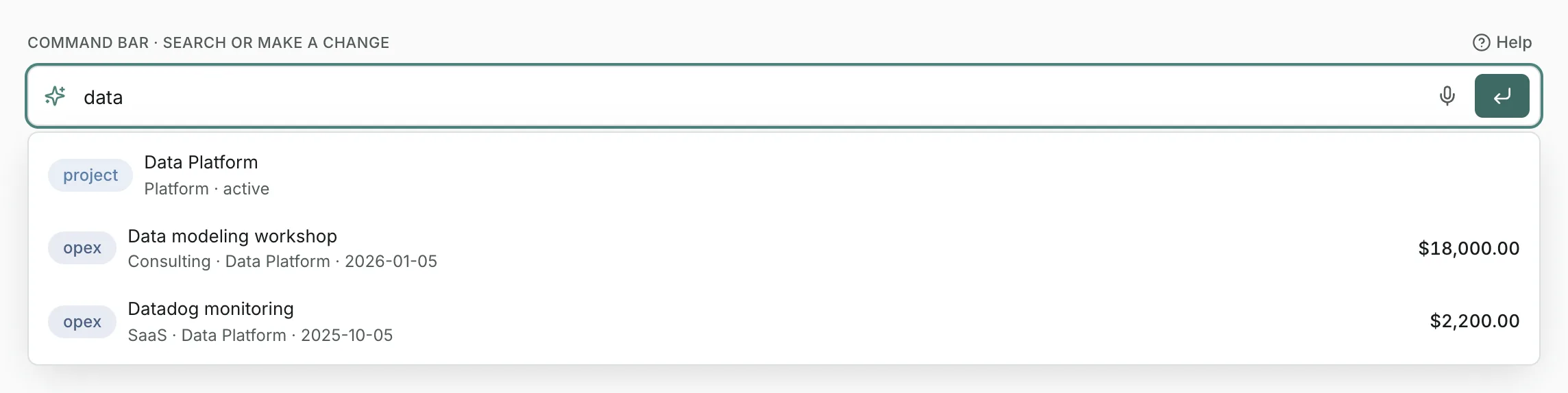 The command bar with “data” typed in it, listing the Data Platform project and two matching expenses beneath.