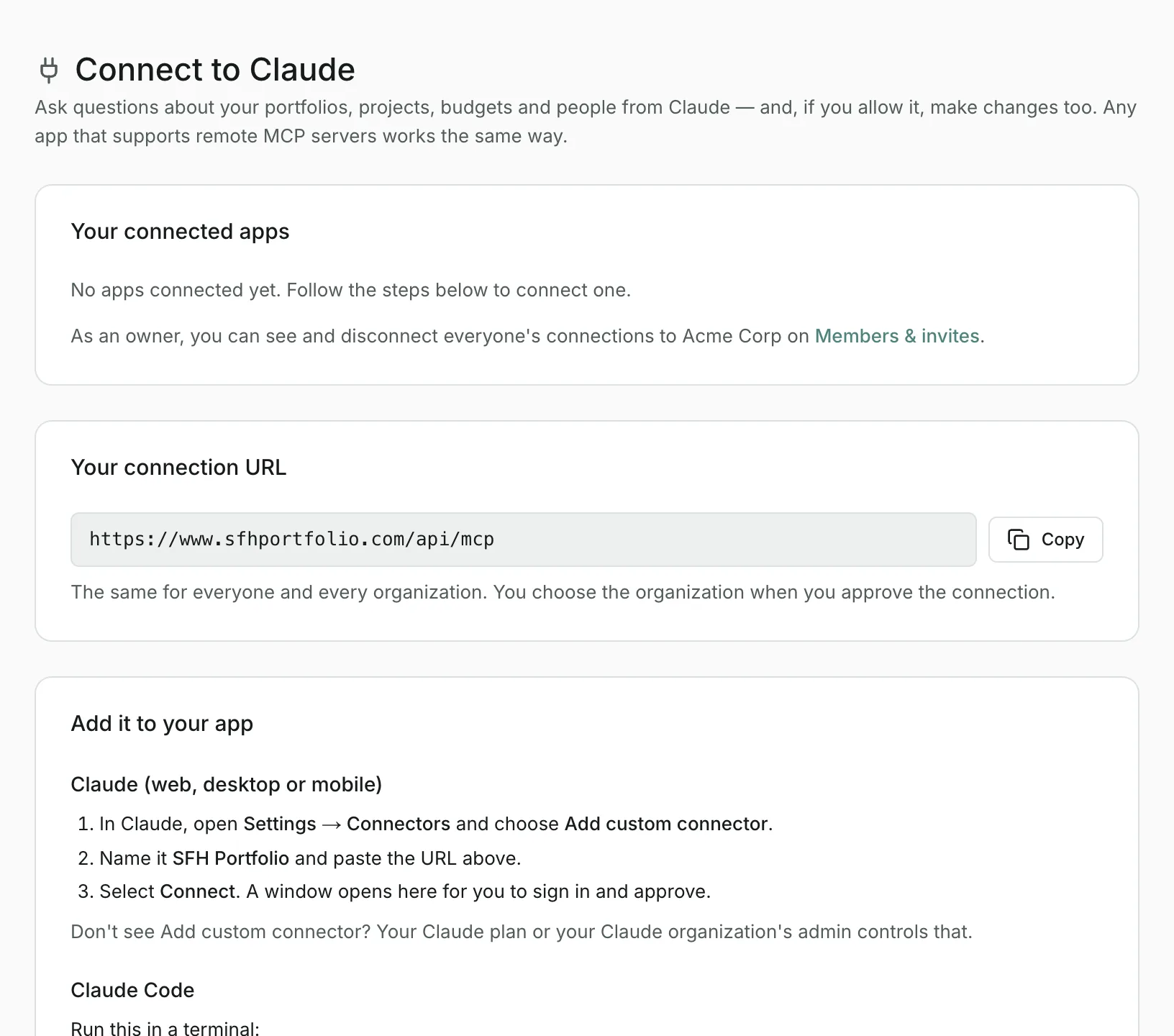 The Connect to Claude page: your connected apps, the connection URL with a Copy button, and the steps to add it to Claude.