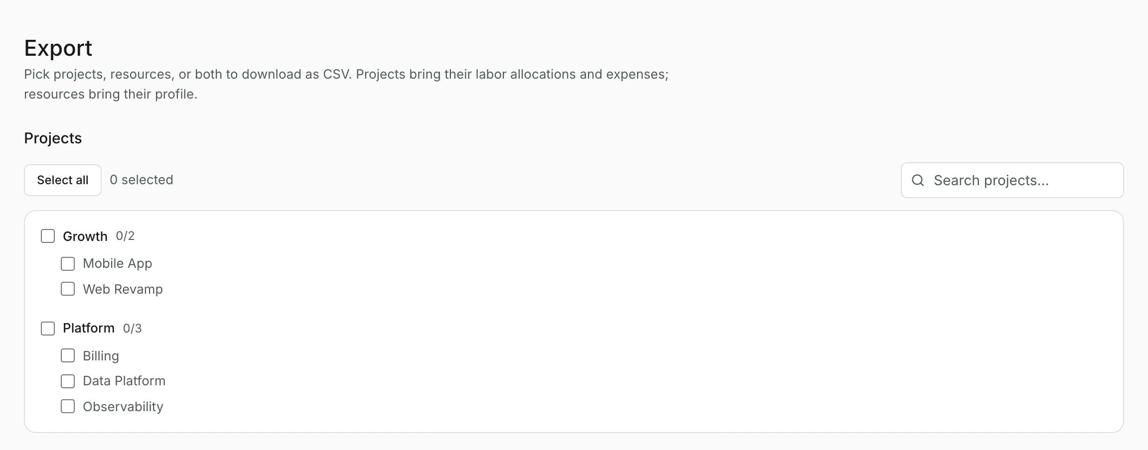 The Export page: projects grouped by portfolio, each with a checkbox, with Select all and a search box.