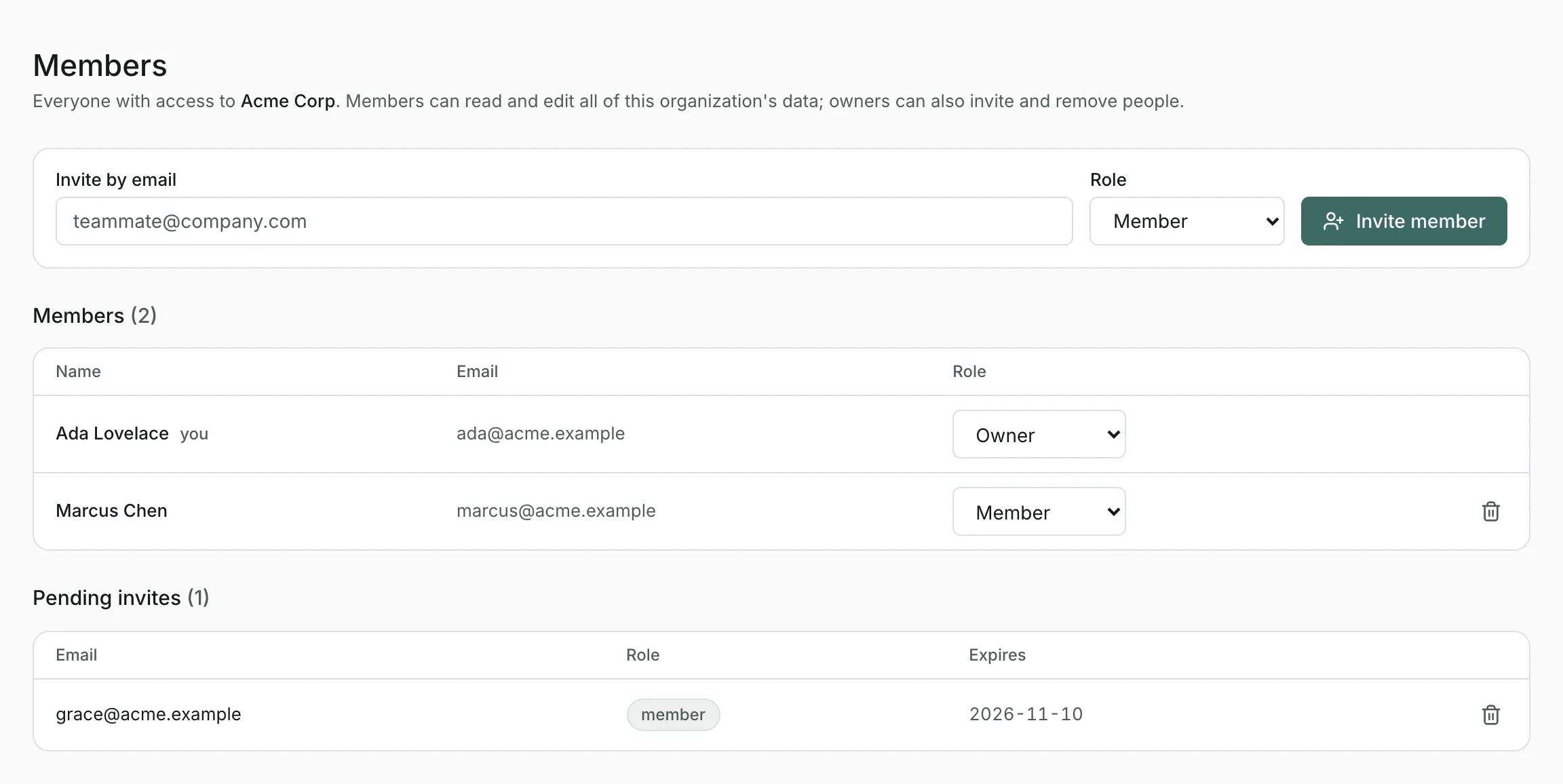 The Members page: an invite form, two members with their roles, and one pending invite.