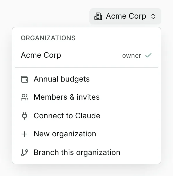 The organization menu: your organizations, then Annual budgets, Members & invites, Connect to Claude, New organization and Branch this organization.
