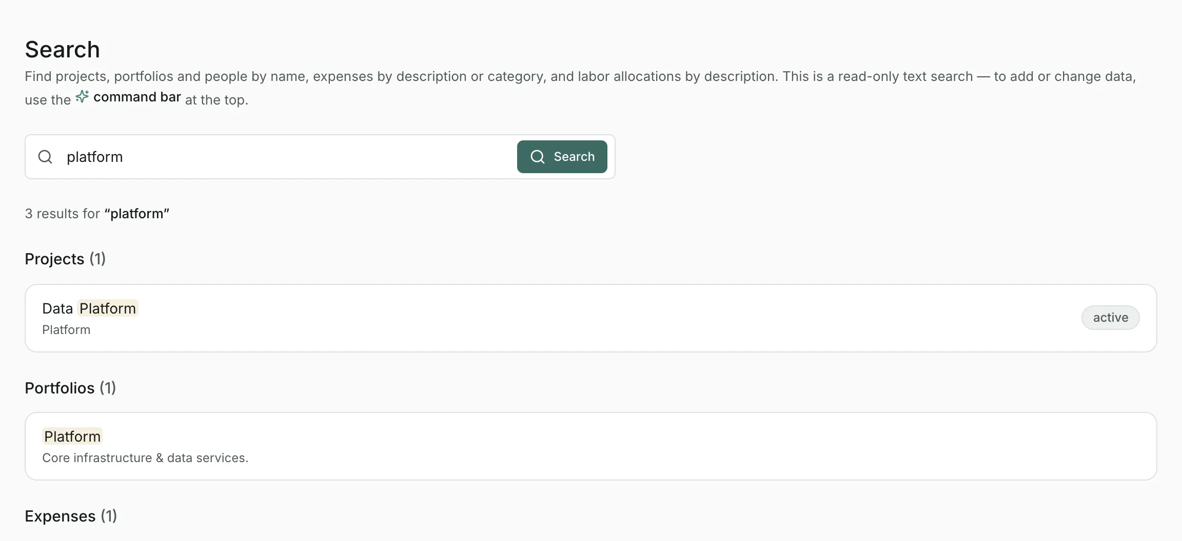 The Search page with results for “platform”: one project, one portfolio and one expense, the matching words highlighted.